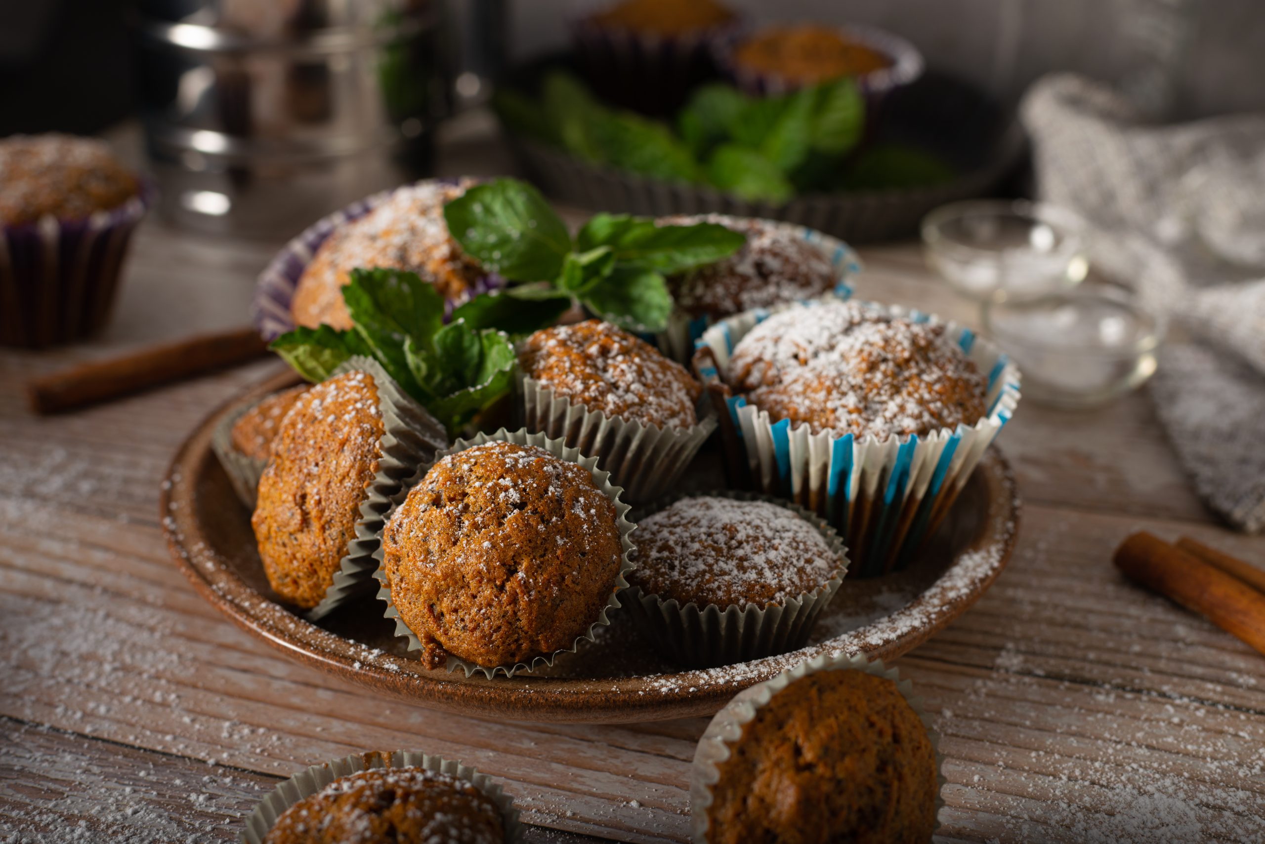 Delicious cinnamon muffins, homemade food photography rustic